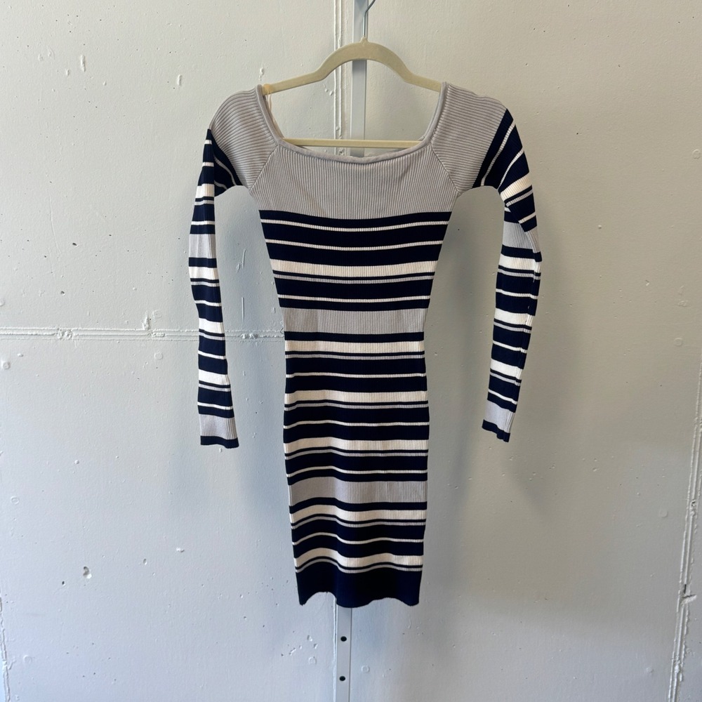 NWT Revamped Striped Ribbed Knit Bodycon Dress Navy Grey White Square Neck Med